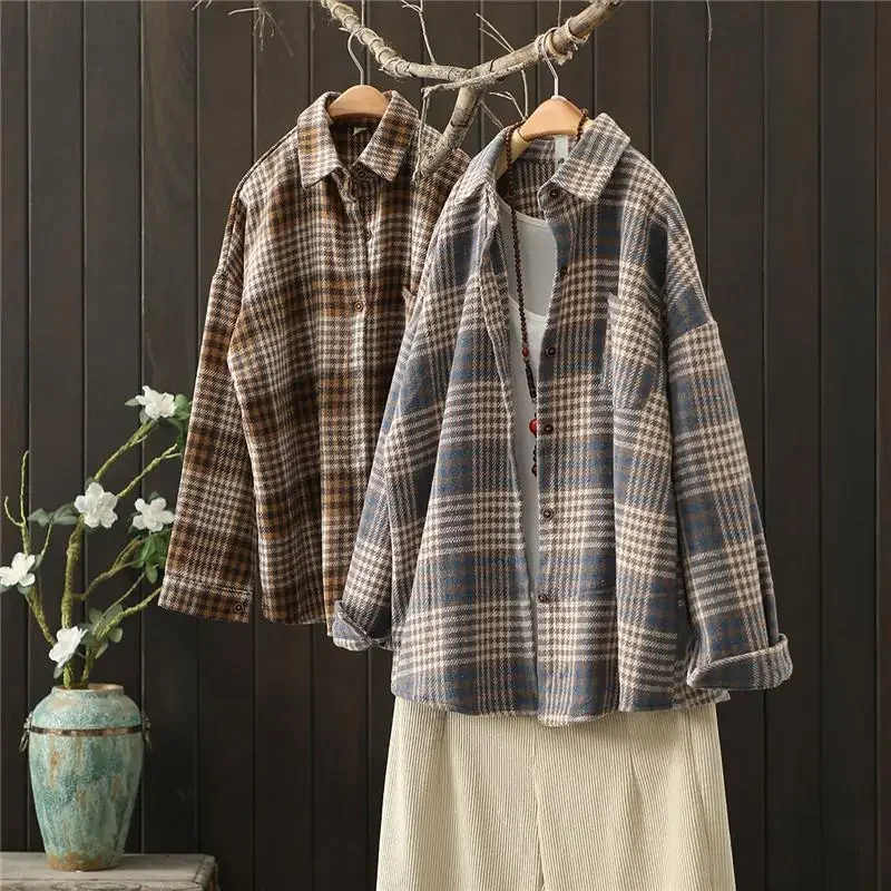 Blouse Women Woolen Plaid Shirt Women\'s Top Padded Shirt Coat Blusas Ropa De Mujer