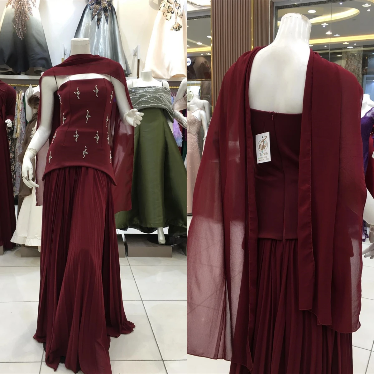 

Customized Strapless Sleeveless Classic Celebrity Gowns Crystal Straight Red Prom Dress Floor Length Classic Evening Dress