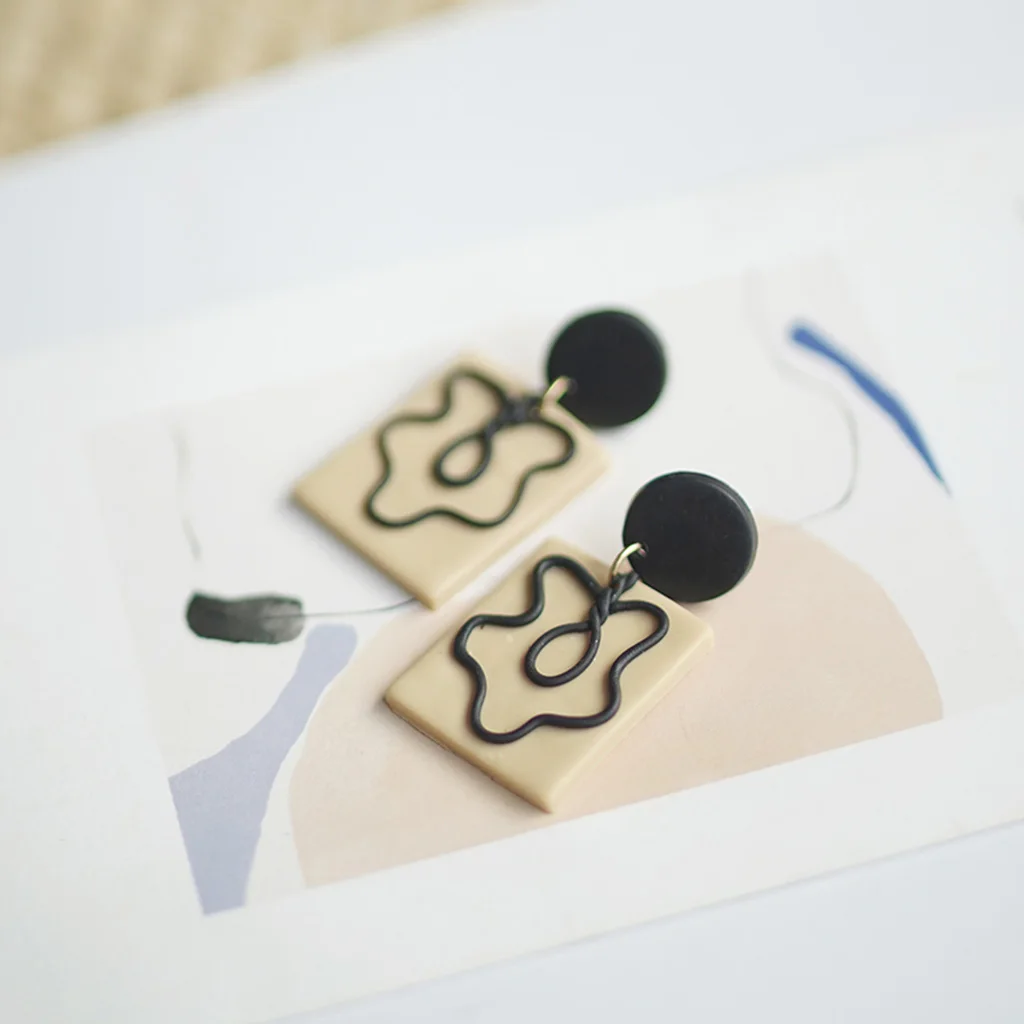 Trendy Fashion Black White Tan Polymer Clay Cute Earrings Long Slim Hat Strips Fun Accessory for Women Jewelry for Holiday Wear