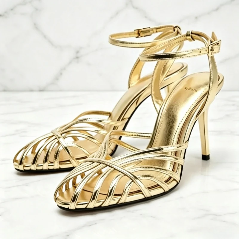 Gold hollow Narrow Band High-heeled Sandals Women Fashion Patent Leather Ankle Strap Buckle Heels Luxury Brand Designer Shoes