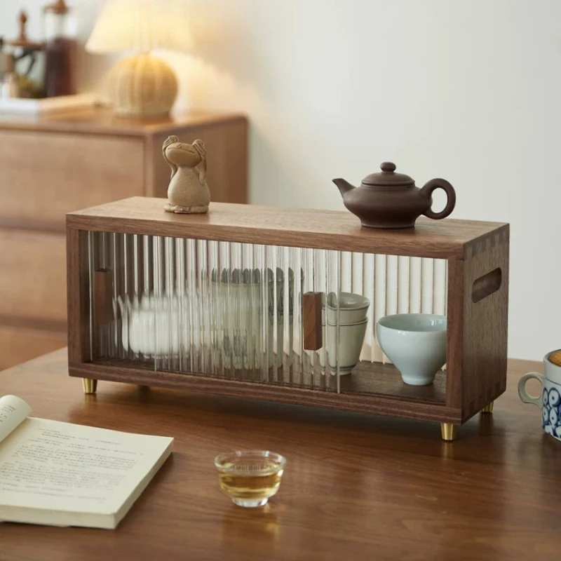 Black Walnut 2 Layers Storage Box Dustproof Tea Set Organizer with Door Coffee Cup Display Cabinet Minimalist Home Decor Cabinet