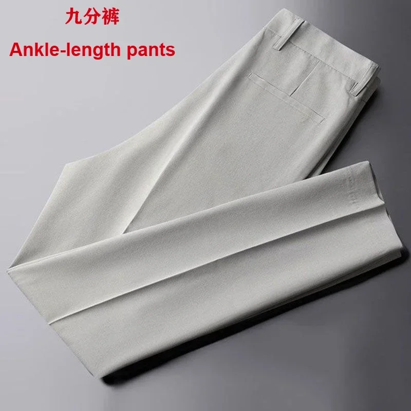 Pantalones rectos drapeados y ajustados para hombre, traje blanco informal antiarrugas, pantalones de nueve puntos de alto grado, 2023