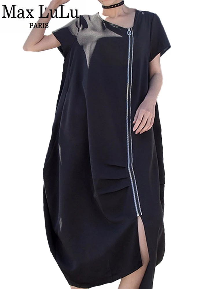 

Max LuLu Streetwear 2024 Summer Fashion Korean Style Ladies Sexy Black Clothes Women Elegant Zipper Long Dresses Casual Vestidos