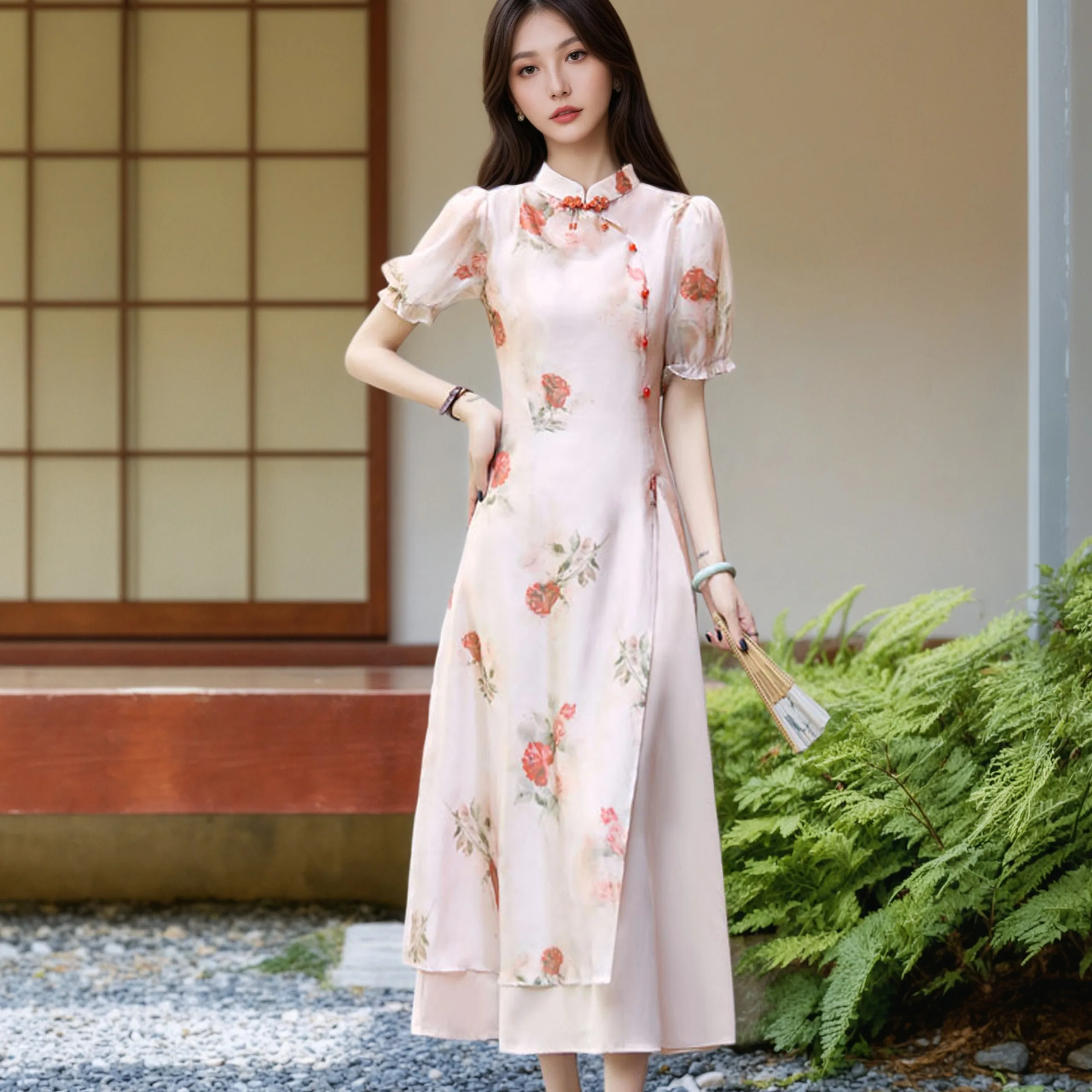 

New Chinese Style Women Dress Summer Fashion Print Elegant Dresses Frog Stand Collar Short Sleeve Slim High Waist Long Dress