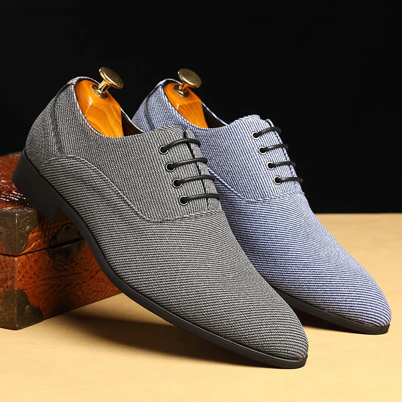 New Men Dress Shoes Lace-up Round Toe Oxfords Blue Gray Business Handmade Wedding Shoes  Size 38-48 Mens Shoes