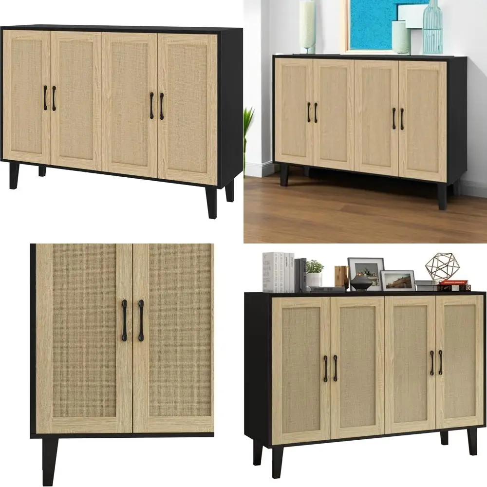 خزانة تخزين بوفيه بانانا مزينة بالروطان مع 4 أبواب لغرفة المعيشة والمطبخ، 48.43 × 34.65 × 15 باللون الأسود