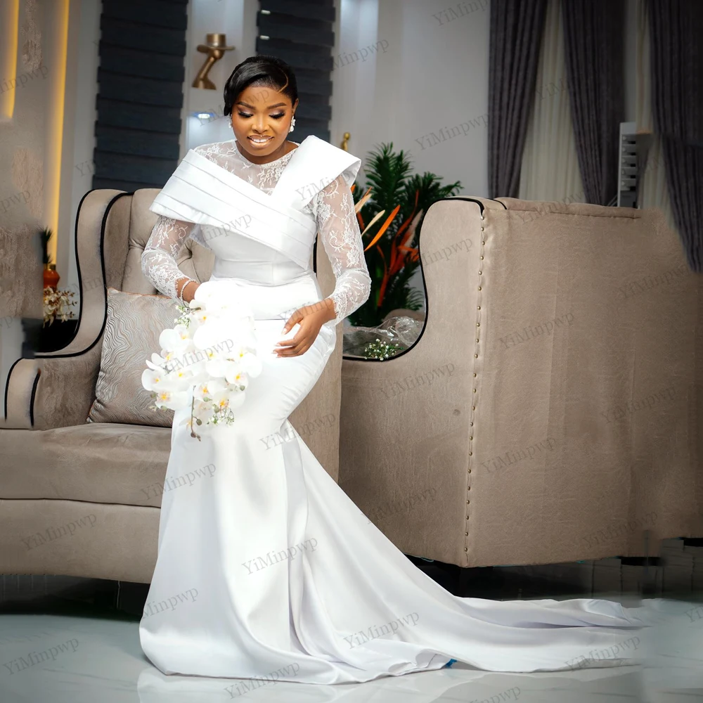 فستان زفاف Aso Ebi للعروس برقبة دائرية حورية البحر فساتين عروس طويلة أفريقية بأكمام كاملة من الساتان فيستدو دي نوفيا بودا مخصصة