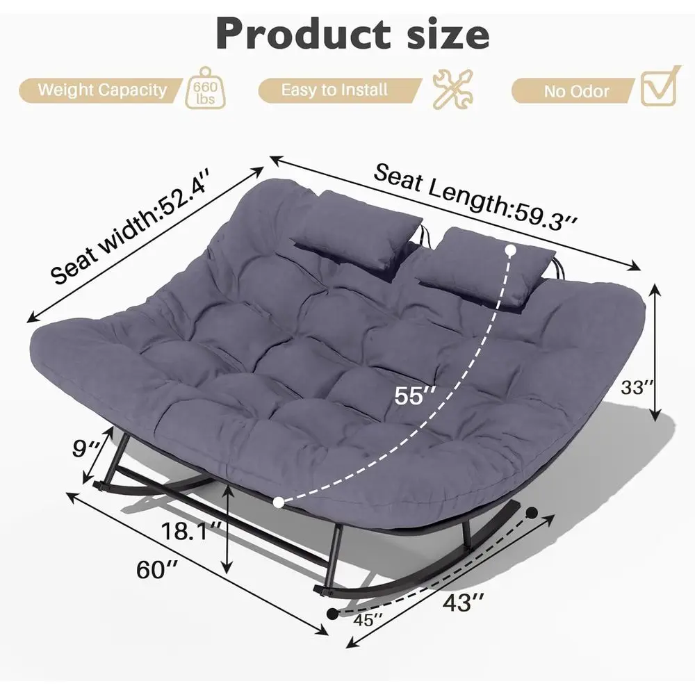 Oversized Outdoor Rocking Papasan Chair,Doule Patio Rocking Chair or 2-Person,Loveat Rocker with Thick Cushion&Rattan e,LarLounC