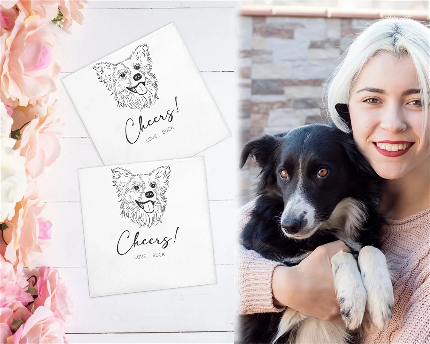 Custom Illustrated Dog | Wedding Napkins |Custom Pet Wedding Napkins |Pet Cocktail Napkins |Custom napkins wedding |Wedding cock