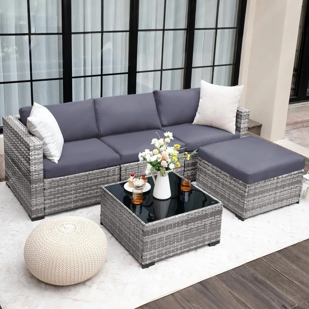 

Modular Patio Furniture Set 5 Pieces Outdoor Sectional Couch with Glass Coffee Table, L Shaped Wicker Sofa Patio Conversation