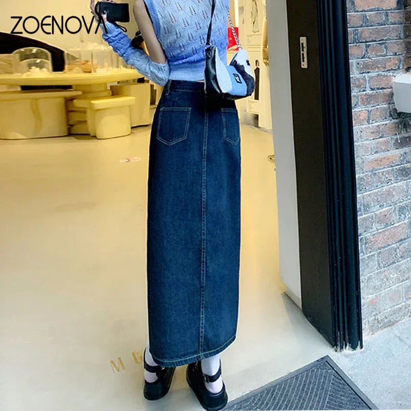 ZOENOVA 2023 Summer New High Waist Straight Denim Skirt Women Vintage Split Fork Blue Long Irregular Casual Denim Pencil Skirt