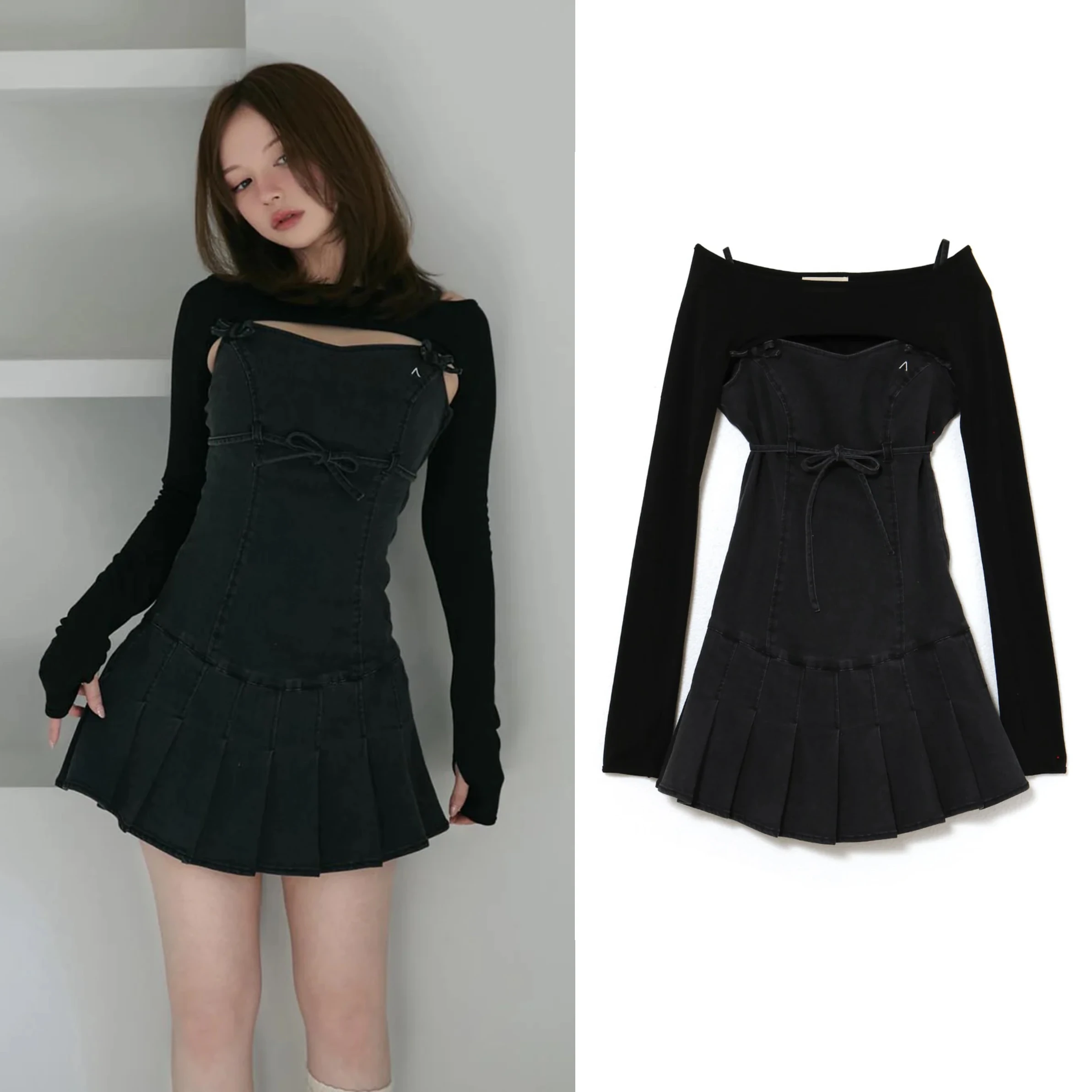 Estilo japonês feminino doce moda denim vestido blusa conjunto de 2 peças primavera e outono nova senhora fino ajuste fino estilingue vestido conjunto superior