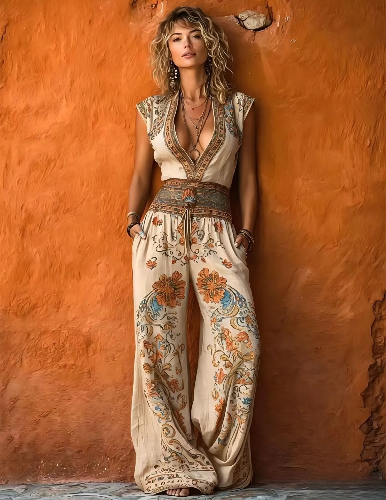 Printed Wide Leg Pants with Deep Neckline Light Stretch Full Length Mid Waist American and European Style Women Jumpsuit