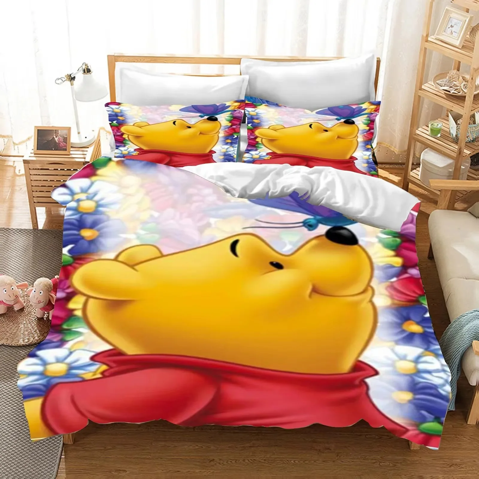 Winnie the Pooh Bedding Sets Cartoon Bear Comforter Cover Bed Cover Duvet Cover Pillow Case 2-3 Pieces Sets Kids Adult Size