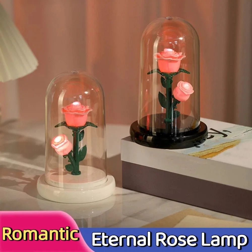 

Подарок на день рождения, романтическая лампа с вечной розой, светящаяся с абажуром, светодиодный цветок, розовый, простой, прикроватная лампа для спальни, свадебный декор