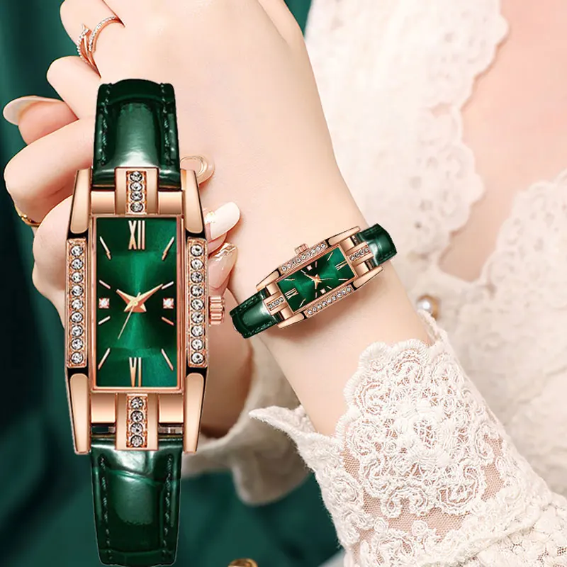 

Роскошные и модные женские кварцевые часы с ремешком и стразами в зеленом павлине, модные женские часы