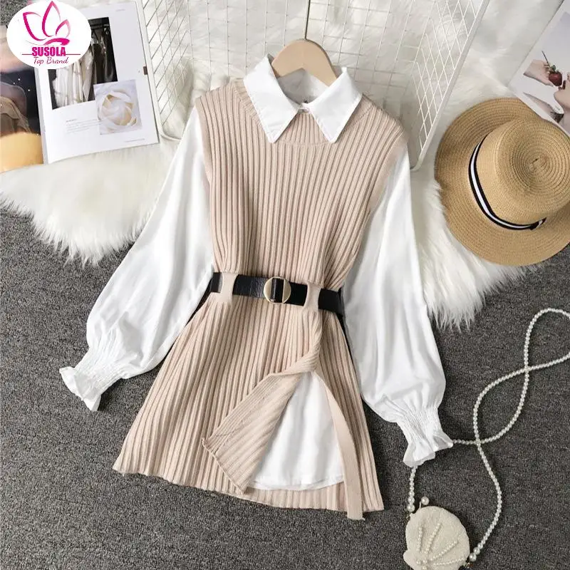 SUSOLA Lady Spring Autumn Women's Lantern Sleeve Shirt Knitted Vest Two Piece Sets of College Style Waistband Vest Two Sets Top