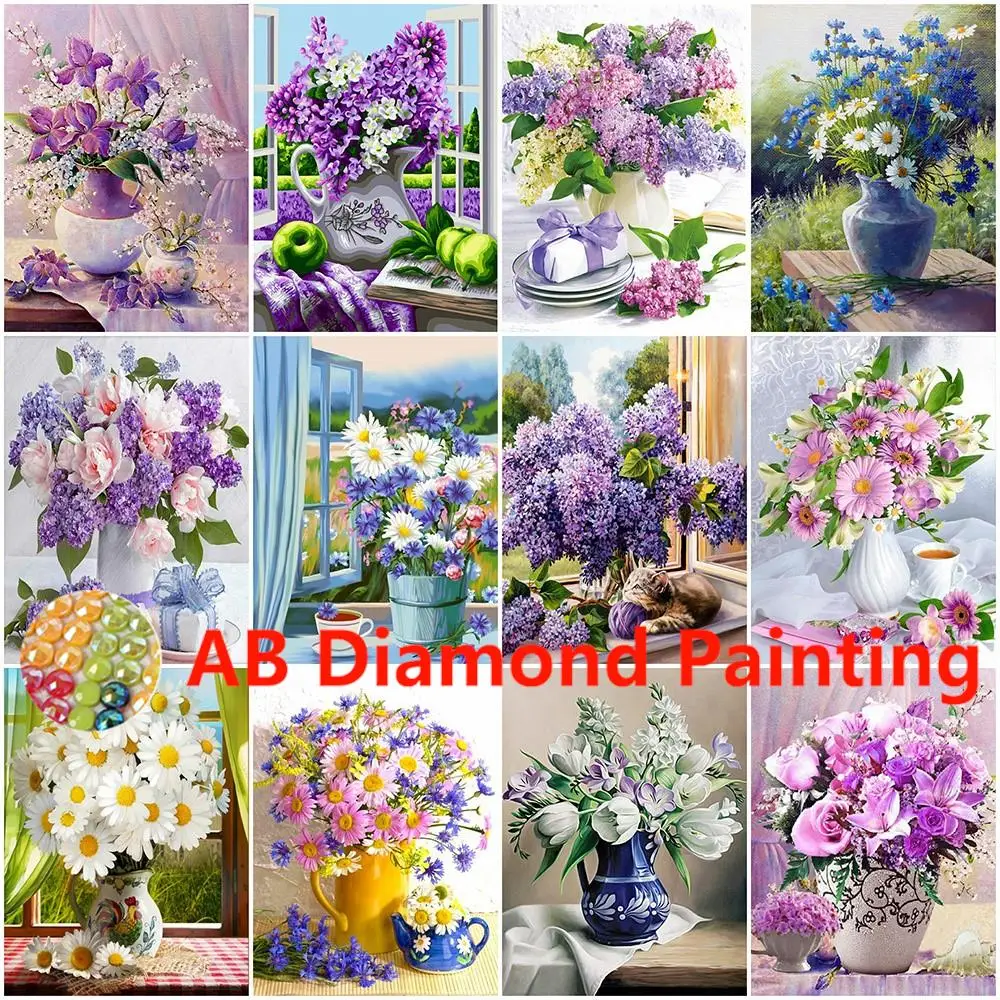 AB Full Square Diamond Painting Flower New Collection 2022 Cross Stitch Kits Diamond Embroidery Lilac Daisy Mosaic Wall Art