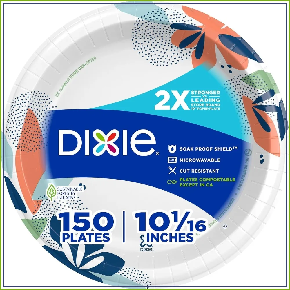 150 Count 10 Inch Disposable Paper Plates, 2X Stronger, Microwave Safe, Soak-Proof, Cut Resistant for Everyday Meals