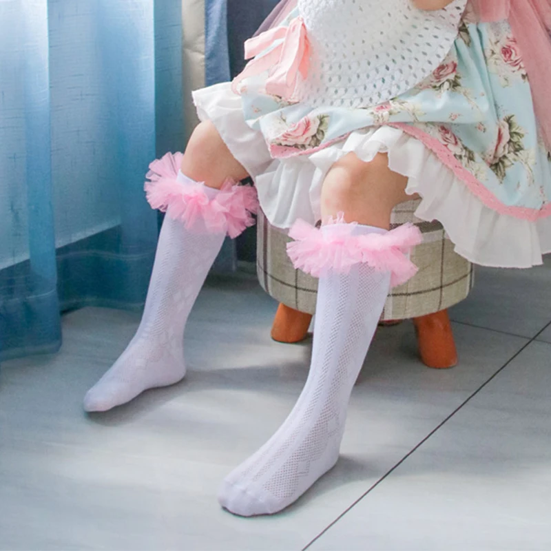 Factory sale white cotton Children's knee-high ballet stockings lace princess stockings