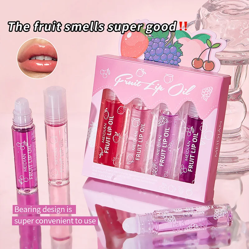 Rolling Bead Lip Oil Set of Four Moisturizing Lotion, Hydrating Roller Ball Mouth Oil, Anti-Drying, Colorless and Transparent