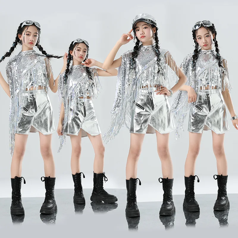 Hip Hop Girls Sequined tassel shawl Silver Leather zipper skirt Kids K-pop Jazz Clothes Sets Child Girl Group Streetwear Costume