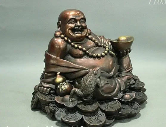 

China Buddhism Bronze Wealth Coin Toad Happy Maitreya Buddha Statue