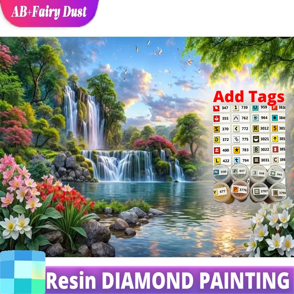 

AB Fairy Dust Resin Diamond Embroidery Waterfall Landscape DIY Full Square Round Diamond Painting Sunset Craft Kit Mosaic Handma