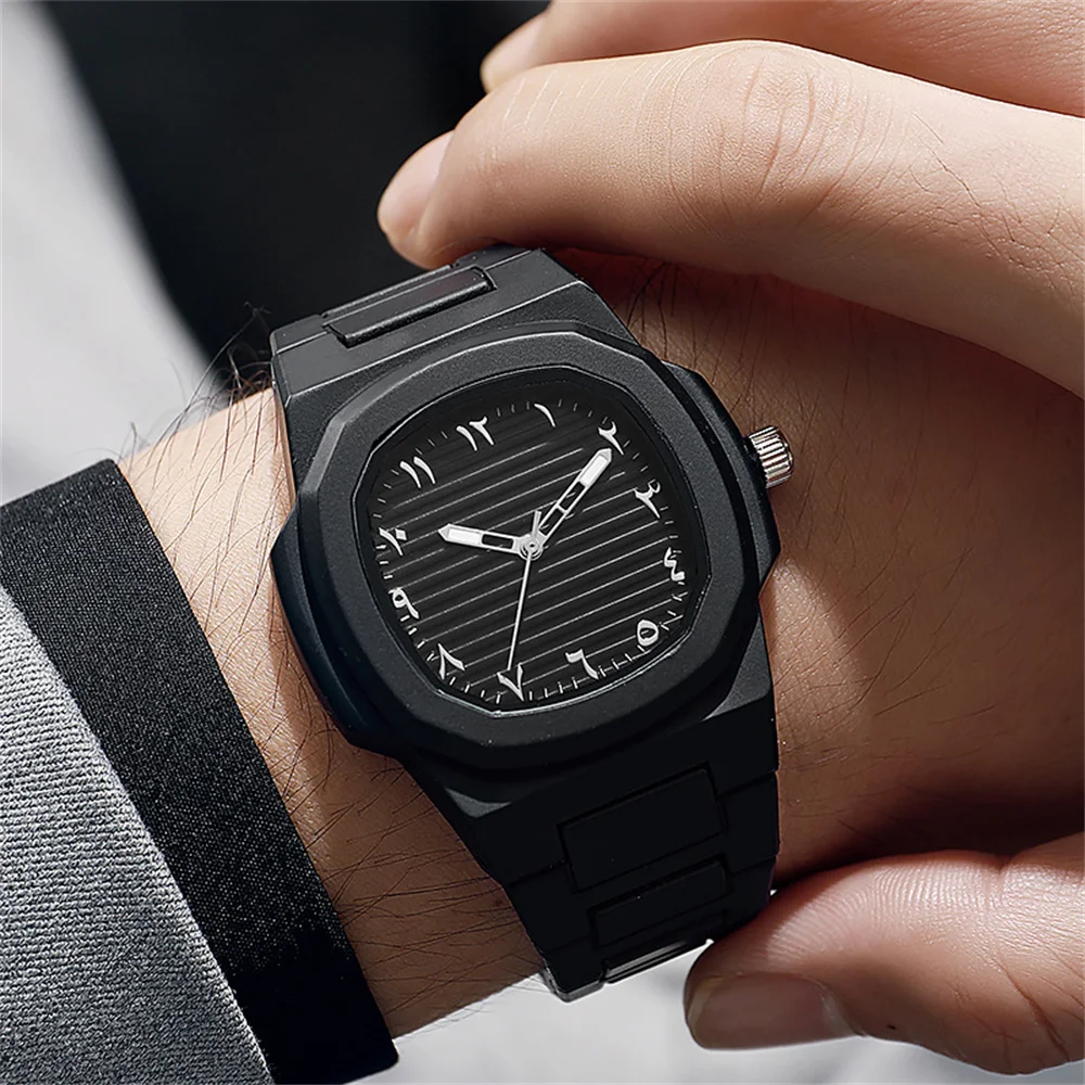 Men Gold Octagonal Arabic Numeral Quartz Watch Integrated Plastic Band Casual Wristwatch