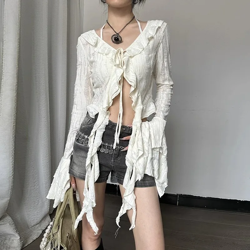 Butterfly Sleeve Tassel Ruffles Crop Top Tshirt Hollow Out Blouse Grunge Harajuku Sexy Streetwear Bandage Summer Y2K Top