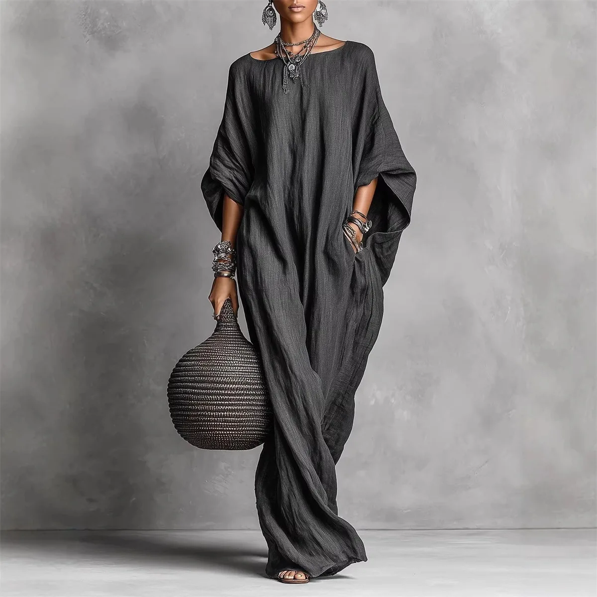2026  cross-border women's clothing European and American solid color temperament long-sleeved one-line collar long casual - view 2