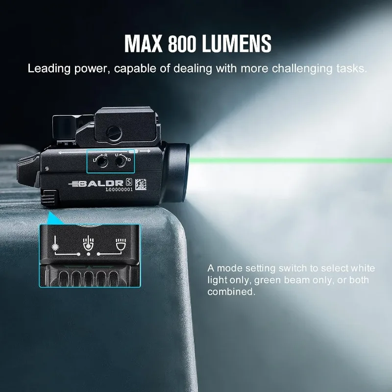 Baldr S 800 Lumens ضوء سلاح مدمج مع شعاع أخضر ومجموعة LED بيضاء، تكتيكية مغناطيسية قابلة لإعادة الشحن عبر USB