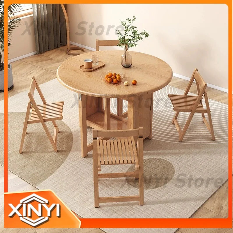 Foldable Solid Wood Dining Table for Small Spaces Cream Style White Round Extendable Wall Mounted for Home Use