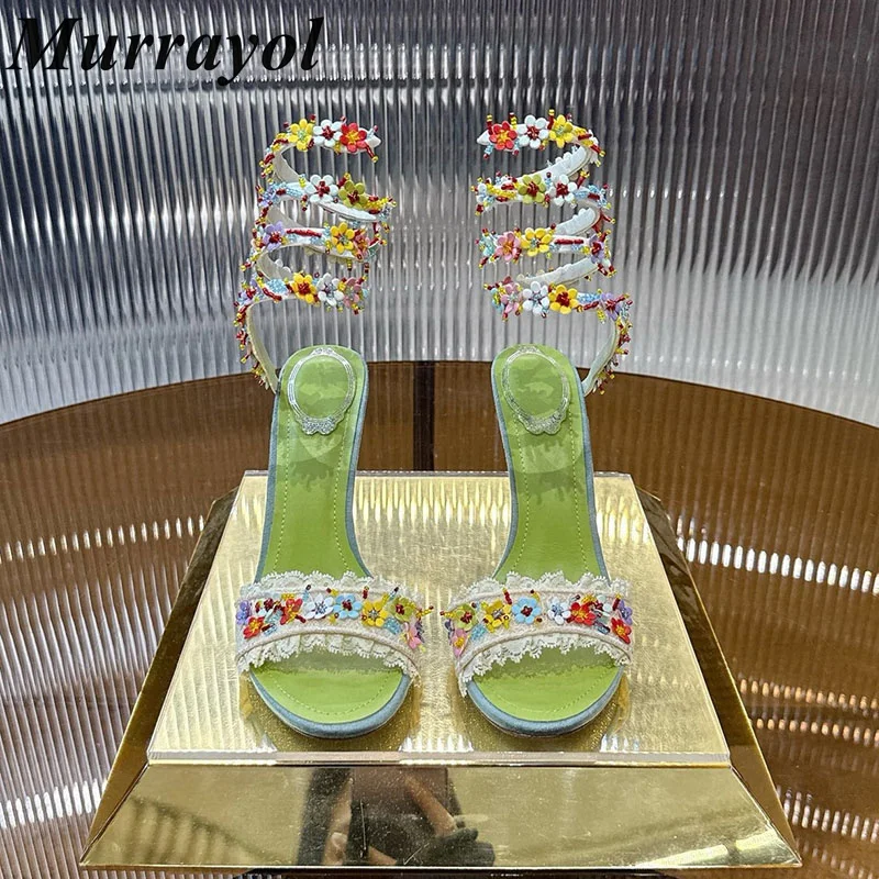 Dünne High Heels Sandalen Schlangenförmige Verstrickung Stickerei Design Frauen Strass Blumen Dekor Alias Sommerkleid Schuhe