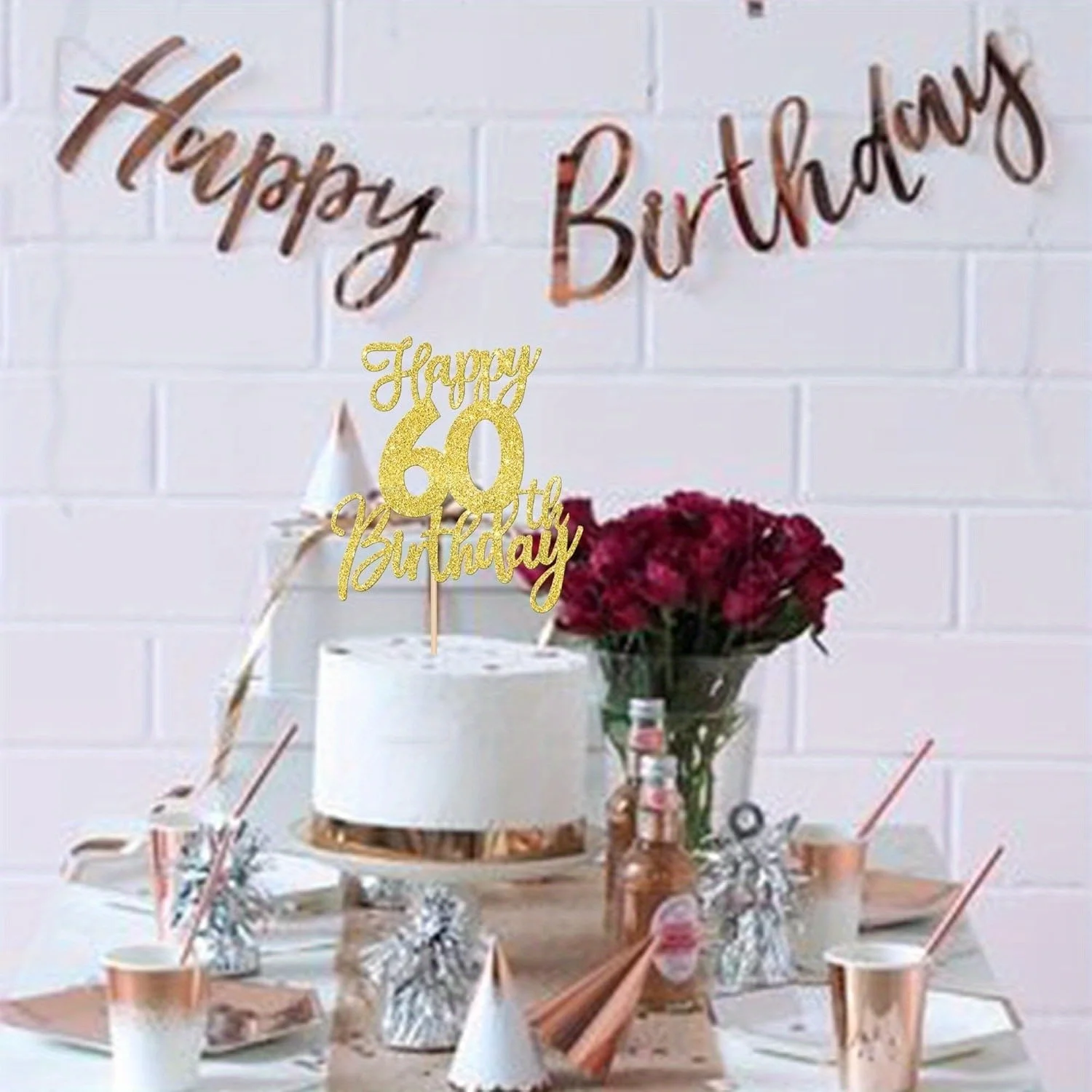 1 Stück goldener, eleganter Kuchenaufsatz zum 60. Geburtstag – Prost bis 60 Jahre, sechzig, Hello 60-Kuchendekoration für den Diamant-Jubiläum – Detail 5