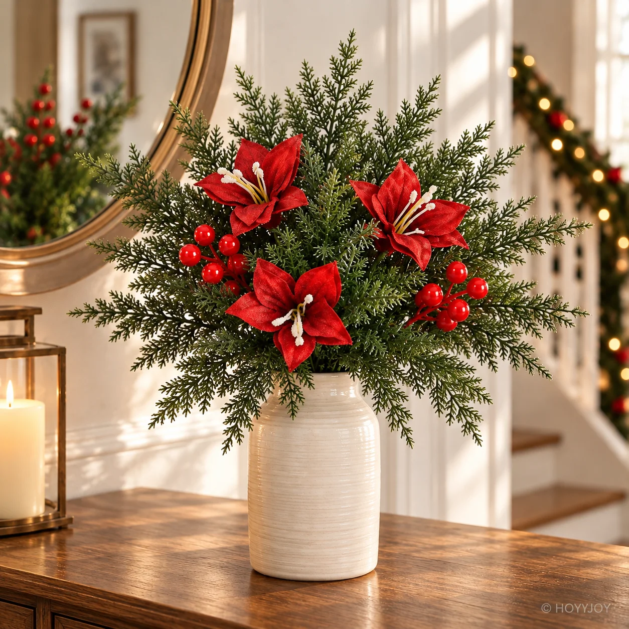 HOYVJOY 10/22pcs Christmas Floral Stems Red Flowers Green Branches Berries Cozy Family Holiday Home Vase Decorations