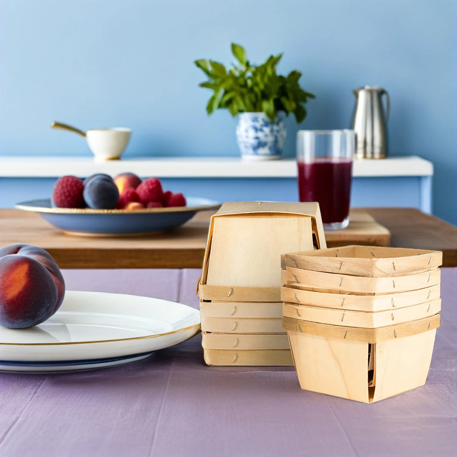 

10pcs Wooden Fruit Basket Natural Wood Storage Box For Kitchen Organizing Bread Berry Snack Serving Sundries Storage Basket