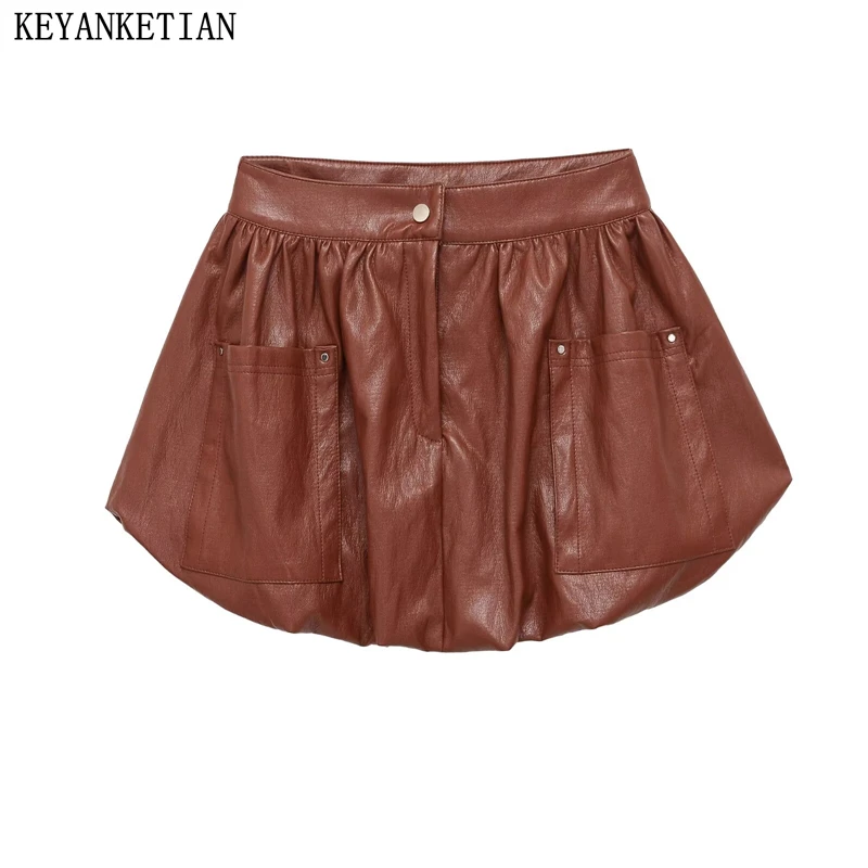 

KEYANKETIAN 2026 Summer New Woman Edgy Street Style Faux Leather Skirt High Waist Bubble Hem A-Line Pockets A-Line Skirt