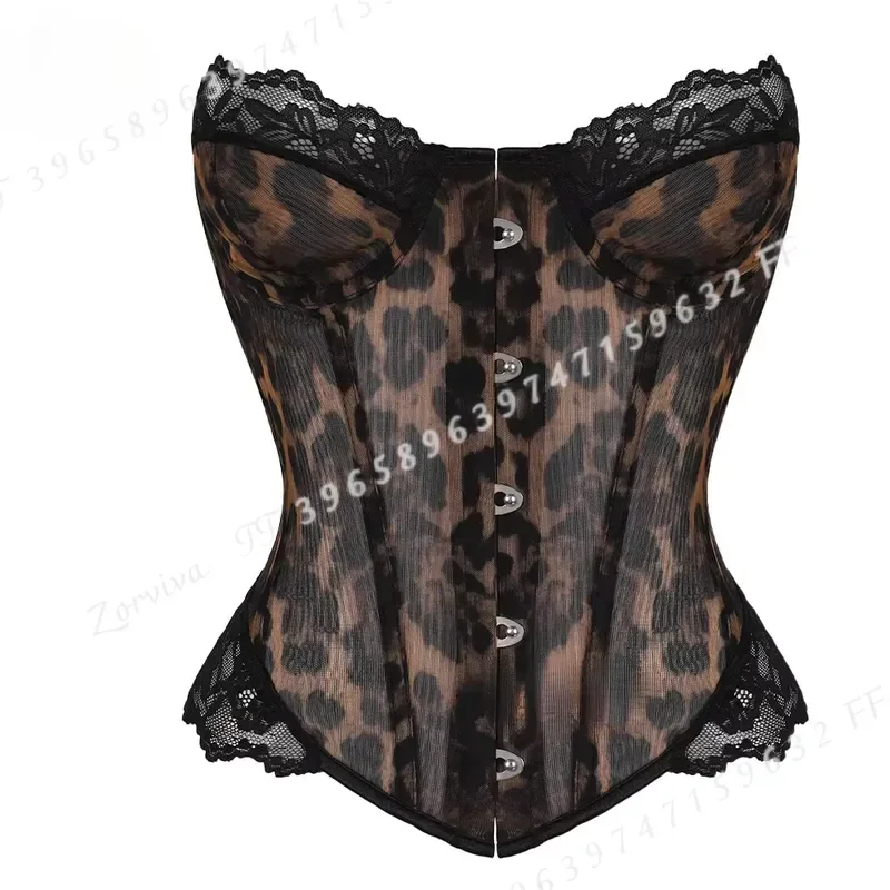 Leopard Print Mesh Corset Top with Lace and Metal Buttons Slim Fishbone Tank Bustier Shaper Vest for Party Costume