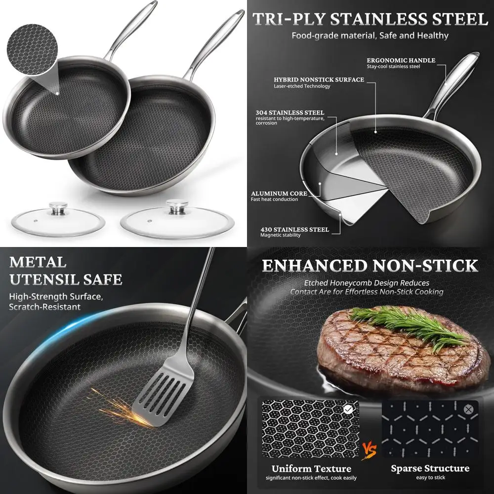 

Набор сковородок с антипригарным покрытием и крышкой, 9,5 и 11 дюймов, трехслойные сковороды из нержавеющей стали, нетоксичные, можно мыть в посудомоечной машине и в духовке, костюм