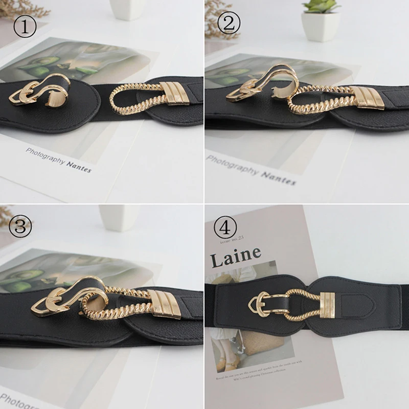 Women Fashion Wide Waistband Big Buckle PU Leather Cummerbunds for Ladies Dress Sweater Stretchy Belts Elastic Waist Belt