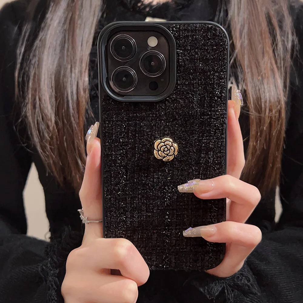 Luxury 3D Golden Camellia Flowers Phone Case For iPhone 17 Air 16 15 14 13 12 11 Pro Max Woolen Tweed Fabric Shockproof Cover - view 3