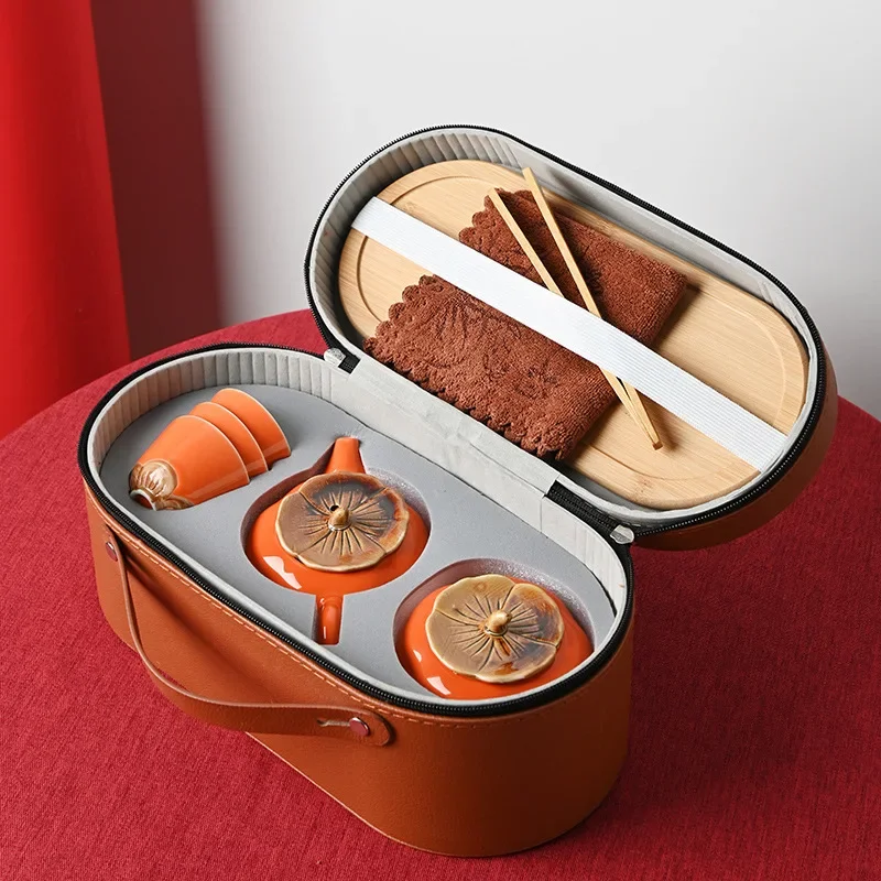 Chinese tea set persimmon set ceramic travel bag with tea tray Business gifts Quick cup gift tea set