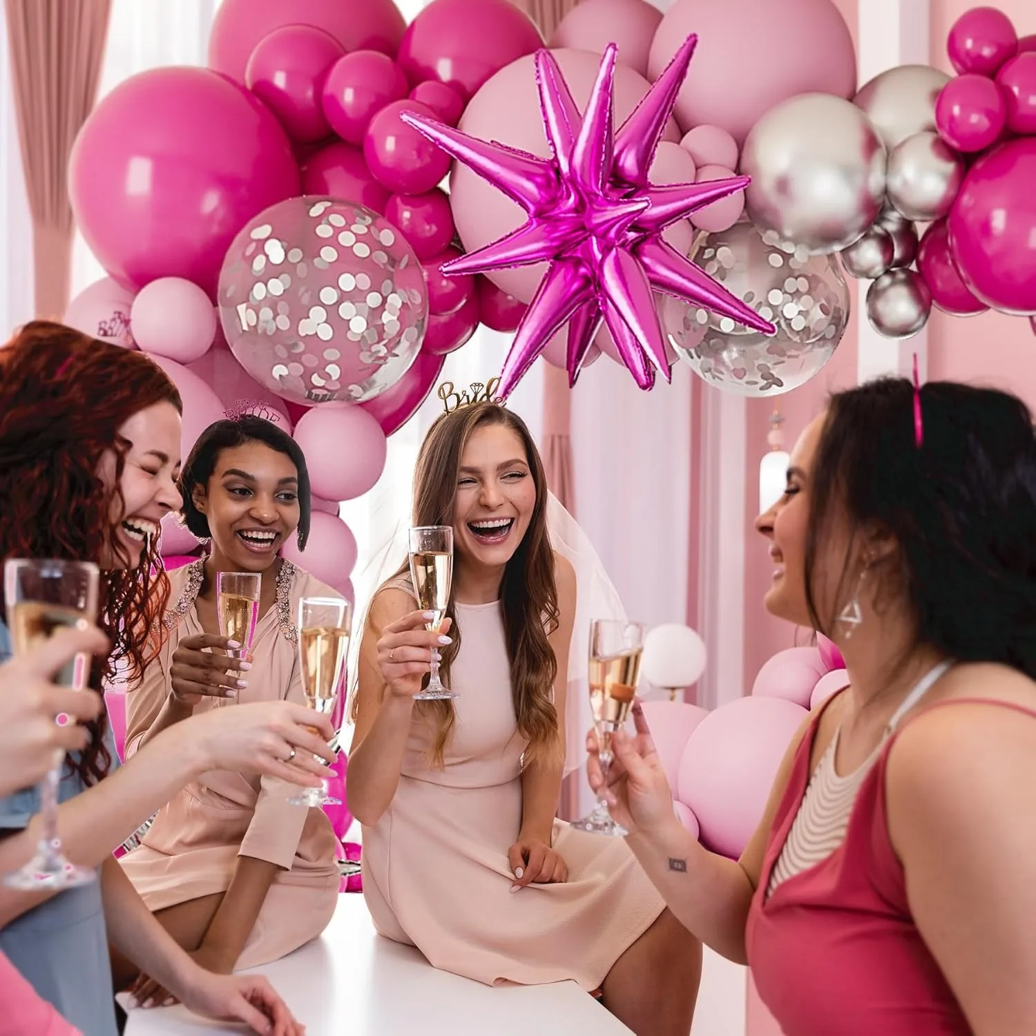 141Pcs Hot Pink Silver Balloons Arch Garland Kit-Pink Balloon for Princess Birthday Graduation Party Baby Shower Decor Supplies