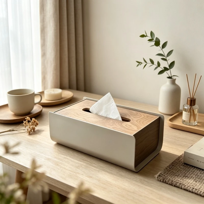 Tissue Box Container Holder Case Matte Silver Curved Burl Wood Elegant Guesthouse Kitchen Tabletop Organizer Rustproof Pro