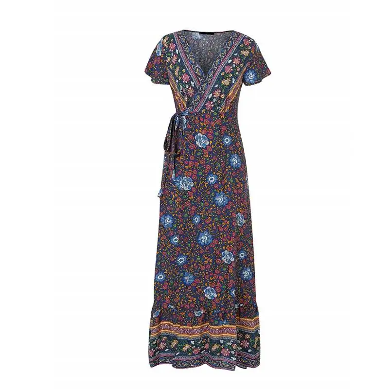 Bali Vaion Sle Deep V Cotton Silk Retro Print ort Sve Long  Beach Dr Summer Street Sle Midi Waist Gown