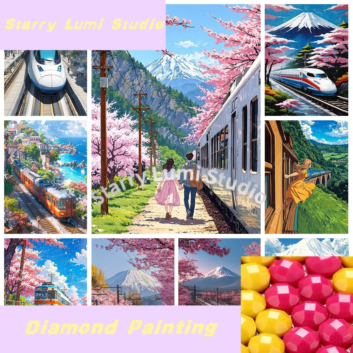 Japan Shinkansen 5D Diamond Painting Cherry Blossom Scenery Pattern Mosaic Wall Decoration Home Decor Hand Diamond Embroidery