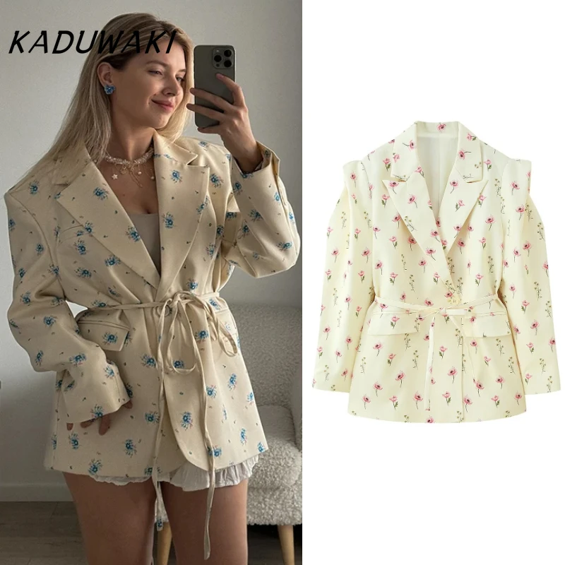 

KADUWAKI Fashion Floral Belts Blazer Coats Shoulder Pads Single Breasted Notched Long Sleeve Street Jackets Autumn Holiday Party