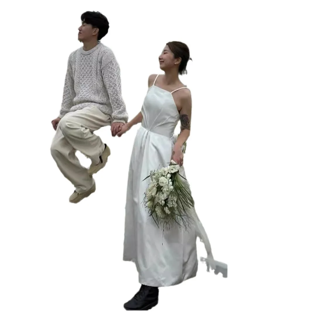 Lekka suknia ślubna Satyna Proste paski spaghetti z odkrytymi ramionami High Sense Trip Shoot Rejestracja Mała średniej długości damska