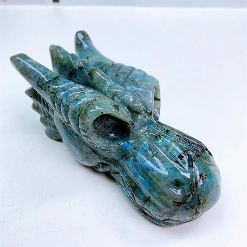 

14CM Natural Labradorite Dragon Skull Animal Carved Crystal Figurine Feng Shui Crafts Healing Artware Home Decorate Gift 1PCS